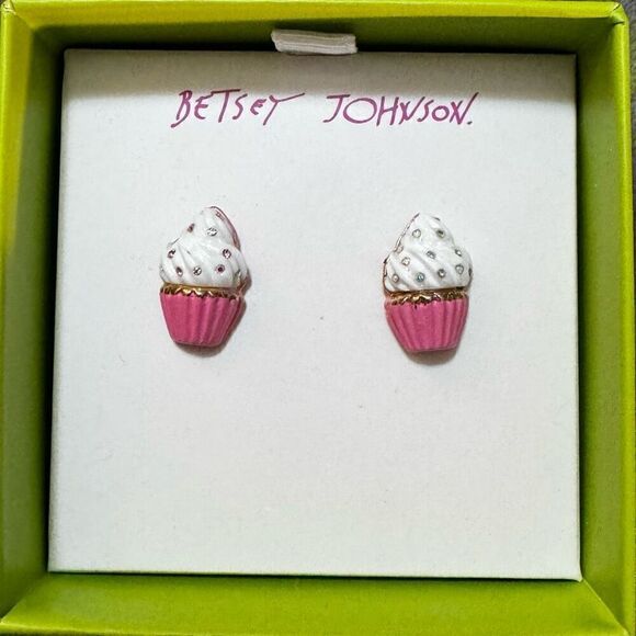 New in Box BETSEY JOHNSON Cupcakes Stud Earrings Pink White Rhinestones Dessert - Picture 10 of 12